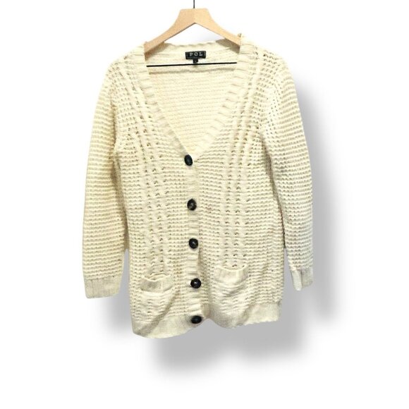 POL Chunky Cable-Knit Grandpa Cardigan – Cream/Ivory – Size L Cozy Vintage Vibe - Picture 1 of 15